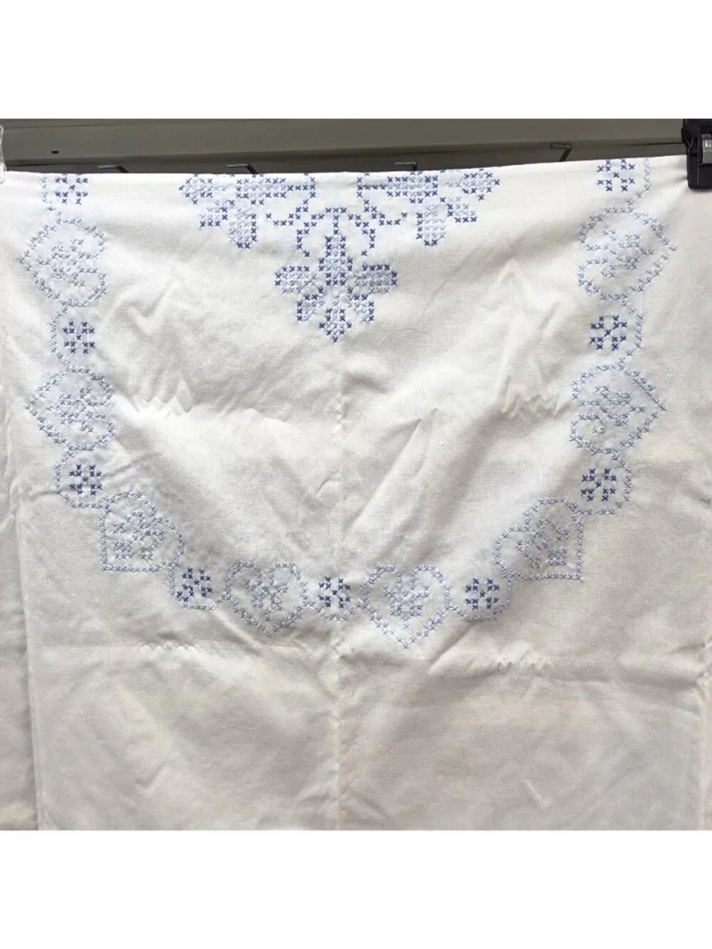 Vintage Hand Embroidered White Tablecloth Blue Cross-Stitch Heart Floral Cotton